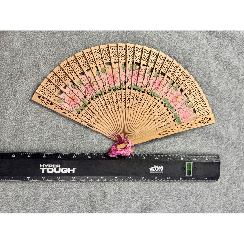Vintage Sandalwood Folding Hand Fan Painted Floral Cutout Wood with Pink Tassel - Picture 4 of 4